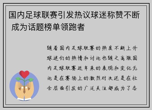 国内足球联赛引发热议球迷称赞不断 成为话题榜单领跑者