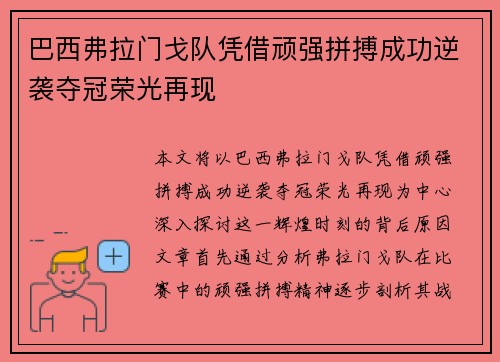 巴西弗拉门戈队凭借顽强拼搏成功逆袭夺冠荣光再现