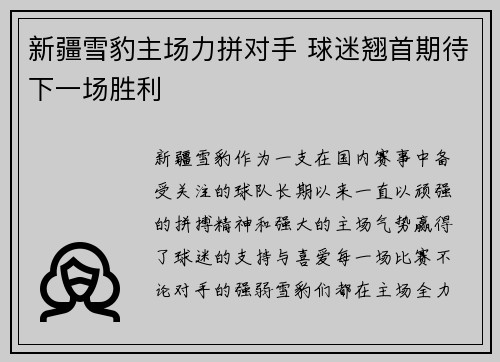 新疆雪豹主场力拼对手 球迷翘首期待下一场胜利
