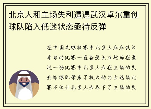 北京人和主场失利遭遇武汉卓尔重创球队陷入低迷状态亟待反弹