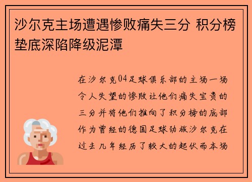 沙尔克主场遭遇惨败痛失三分 积分榜垫底深陷降级泥潭