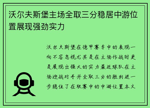 沃尔夫斯堡主场全取三分稳居中游位置展现强劲实力