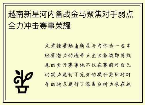越南新星河内备战金马聚焦对手弱点全力冲击赛事荣耀