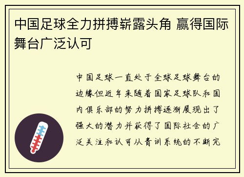 中国足球全力拼搏崭露头角 赢得国际舞台广泛认可