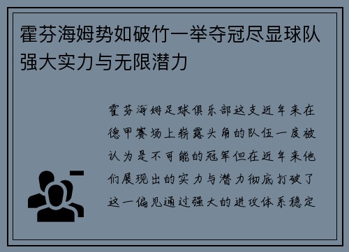 霍芬海姆势如破竹一举夺冠尽显球队强大实力与无限潜力